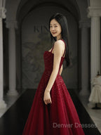 Burgundy Prom Dress A Line Straps Tulle Evening Dress