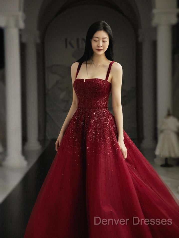 Burgundy Prom Dress A Line Straps Tulle Evening Dress