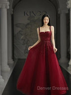Burgundy Prom Dress A Line Straps Tulle Evening Dress