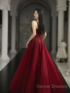 Burgundy Prom Dress A Line Straps Tulle Evening Dress