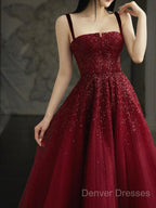 Burgundy Prom Dress A Line Straps Tulle Evening Dress