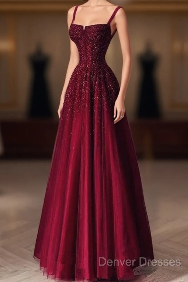 Burgundy Prom Dress A Line Straps Tulle Evening Dress Main image