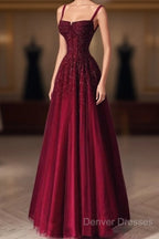 Burgundy Prom Dress A Line Straps Tulle Evening Dress