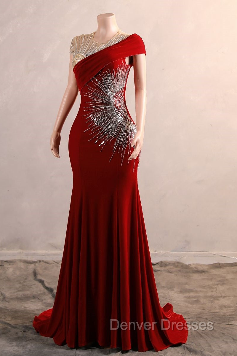 Burgundy Prom Dress Bodycon Velvet Long Formal Dress with Embroidered Beadings