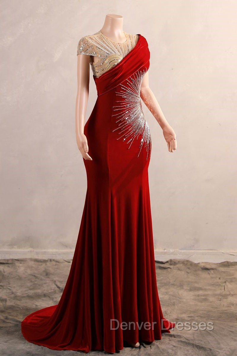Burgundy Prom Dress Bodycon Velvet Long Formal Dress with Embroidered Beadings