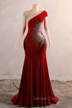 Burgundy Prom Dress Bodycon Velvet Long Formal Dress with Embroidered Beadings