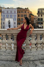 Burgundy Prom Dress Deep V Neck Evening Dress