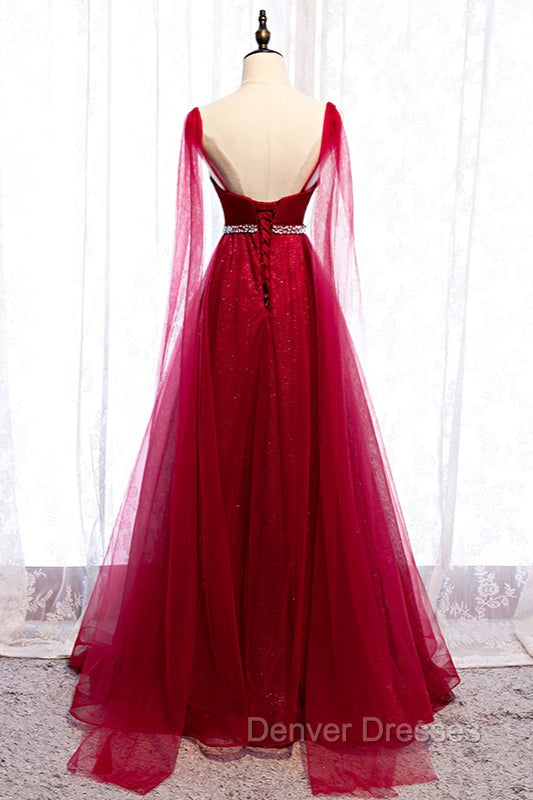 Burgundy Prom Dress, Spagetti-Strap Sleeveless Prom Dress Tulle Ruffles with Beadings
