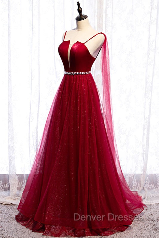 Burgundy Prom Dress, Spagetti-Strap Sleeveless Prom Dress Tulle Ruffles with Beadings