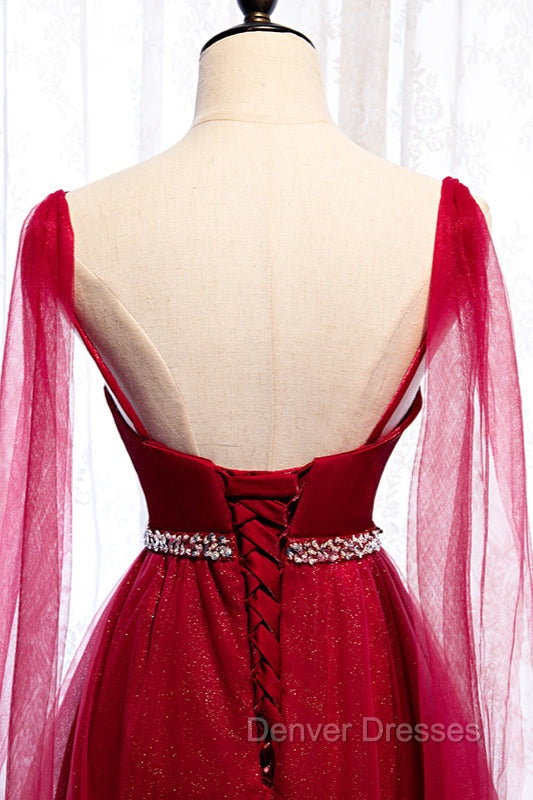 Burgundy Prom Dress, Spagetti-Strap Sleeveless Prom Dress Tulle Ruffles with Beadings
