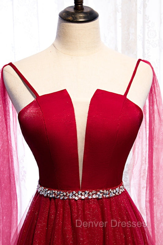 Burgundy Prom Dress, Spagetti-Strap Sleeveless Prom Dress Tulle Ruffles with Beadings