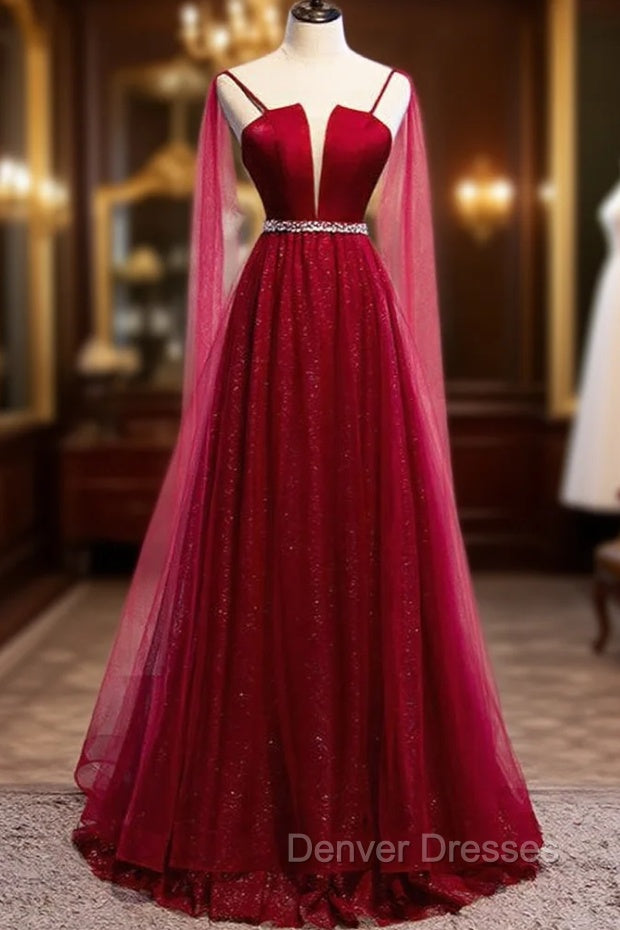 Burgundy Prom Dress, Spagetti-Strap Sleeveless Prom Dress Tulle Ruffles with Beadings
