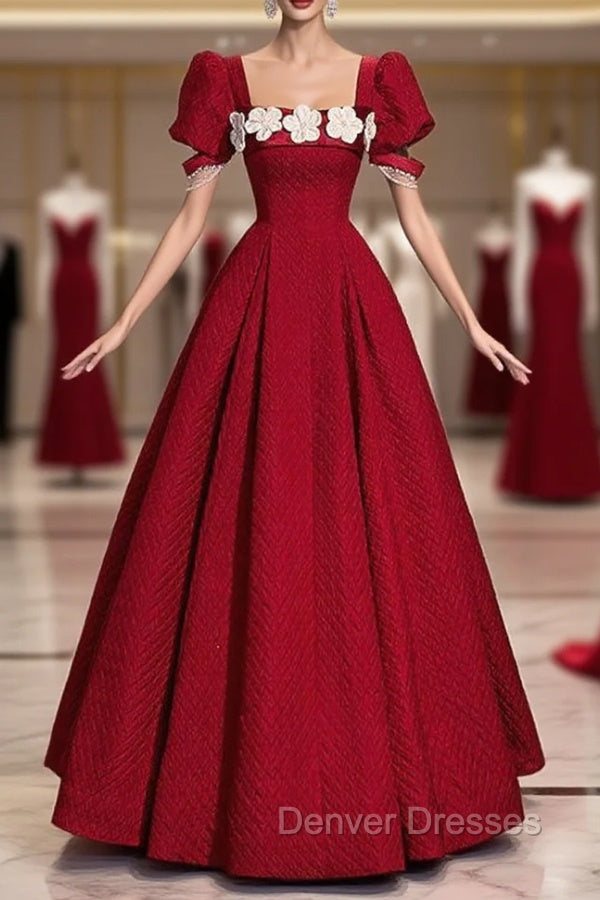 Burgundy Puff Sleeve Flower Prom Dress Main image