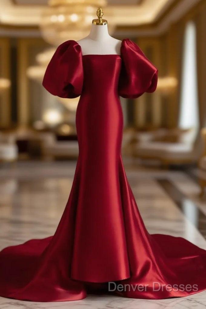 Burgundy Puff Sleeves Satin Burgundy Long Prom Dress, Burgundy Long Formal Dress Main image