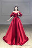 Burgundy Puffy Short Sleeve Satin Prom Dress, Burgundy V-Neck A-Line Evening Dress