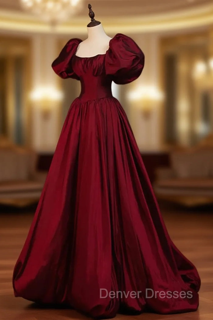 Burgundy Puffy Sleeves Taffeta Long Prom Dress, Floor Length Sweetheart Party Dress Main image