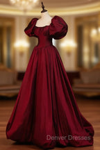 Burgundy Puffy Sleeves Taffeta Long Prom Dress, Floor Length Sweetheart Party Dress