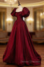 Burgundy Puffy Sleeves Taffeta Long Prom Dress, Floor Length Sweetheart Party Dress