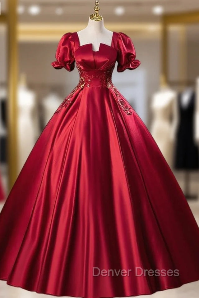 Burgundy Red Satin Short Sleeve Appliques Quinceanera Dress Main image