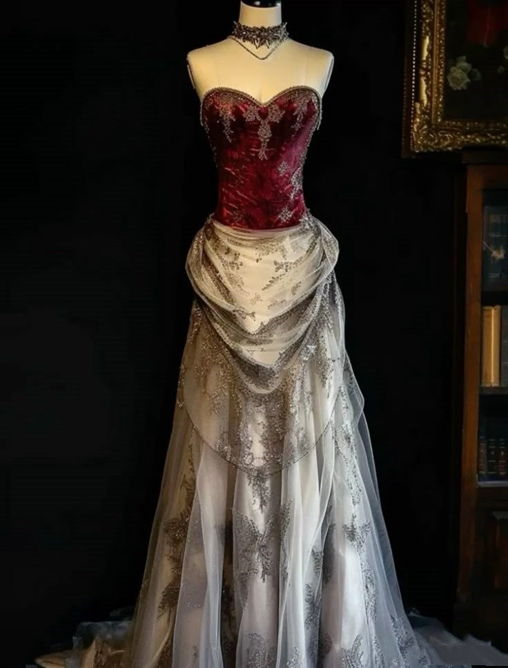 Burgundy Retro Fashion Long Tulle Satin Lace Ball Gown Evening Dress PROM DRESS Secondary image