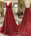 Burgundy Robe De Soiree A-Line V-Neck Sequins Sparkle Crystals Backless Sexy Long Prom Dress Prom Gown Evening Dress