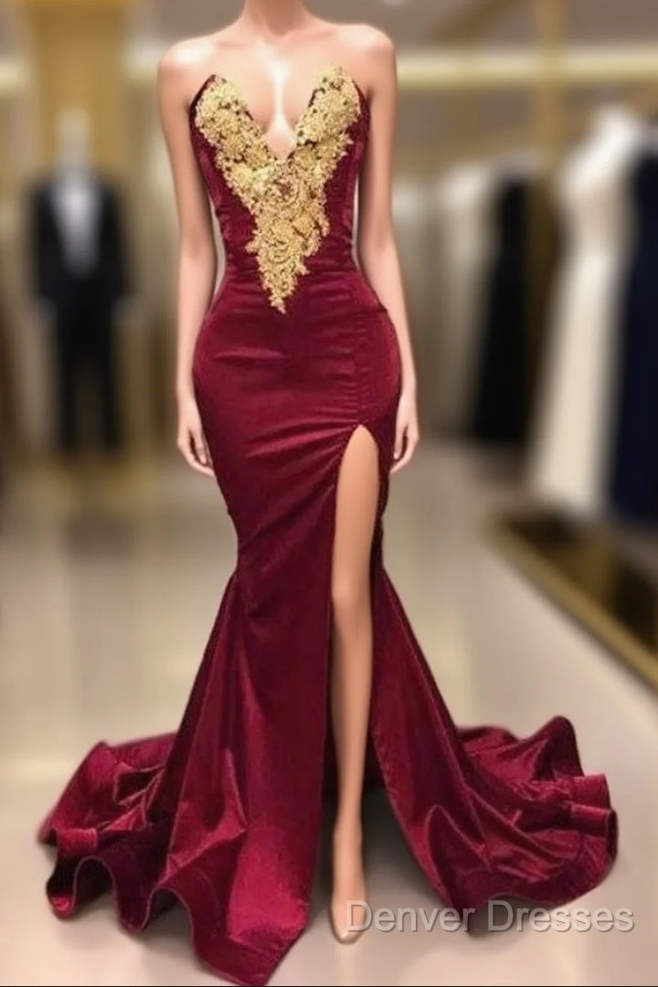 Burgundy Robe De Soiree Mermaid Sweetheart Appliques Beaded Slit Sexy Long Prom Dress Prom Gown Evening Dress Main image