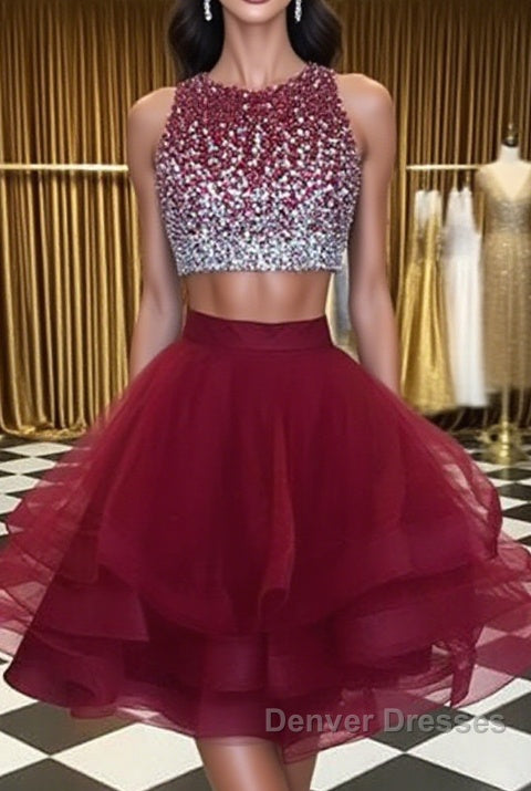Burgundy Round Neck 2 Pieces Sequins Tulle Short Prom Dress, 2 Pieces Burgundy Homecoming Dress, Graudation Dress