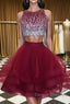Burgundy Round Neck 2 Pieces Sequins Tulle Short Prom Dress, 2 Pieces Burgundy Homecoming Dress, Graudation Dress