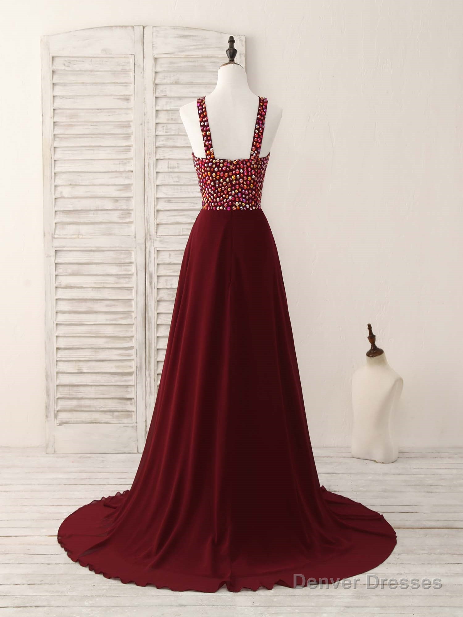 Burgundy Round Neck Chiffon Beads Long Prom Dress