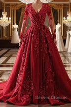 Burgundy round neck lace long prom Dress burgundy evening Dress
