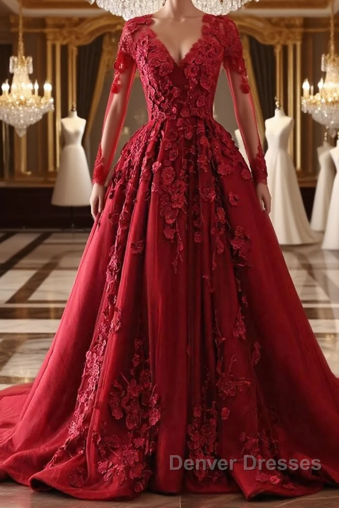 Burgundy round neck lace long prom Dress burgundy evening Dress