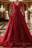 Burgundy round neck lace long prom Dress burgundy evening Dress