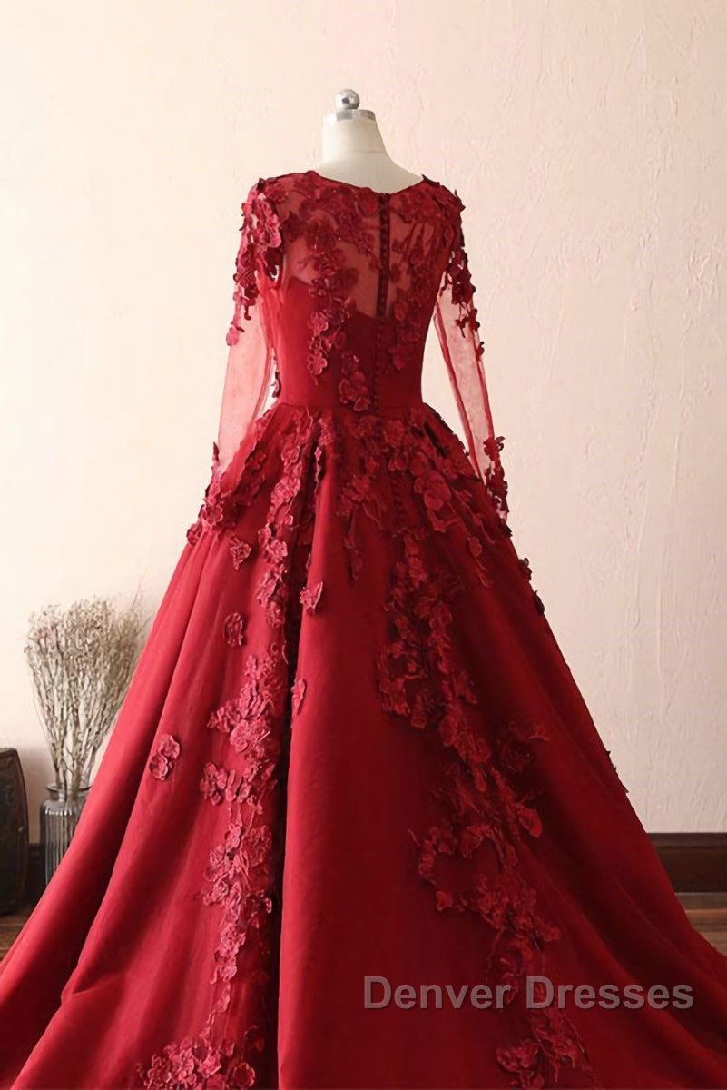Burgundy round neck lace long prom Dress burgundy evening Dress