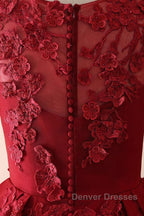 Burgundy round neck lace long prom Dress burgundy evening Dress