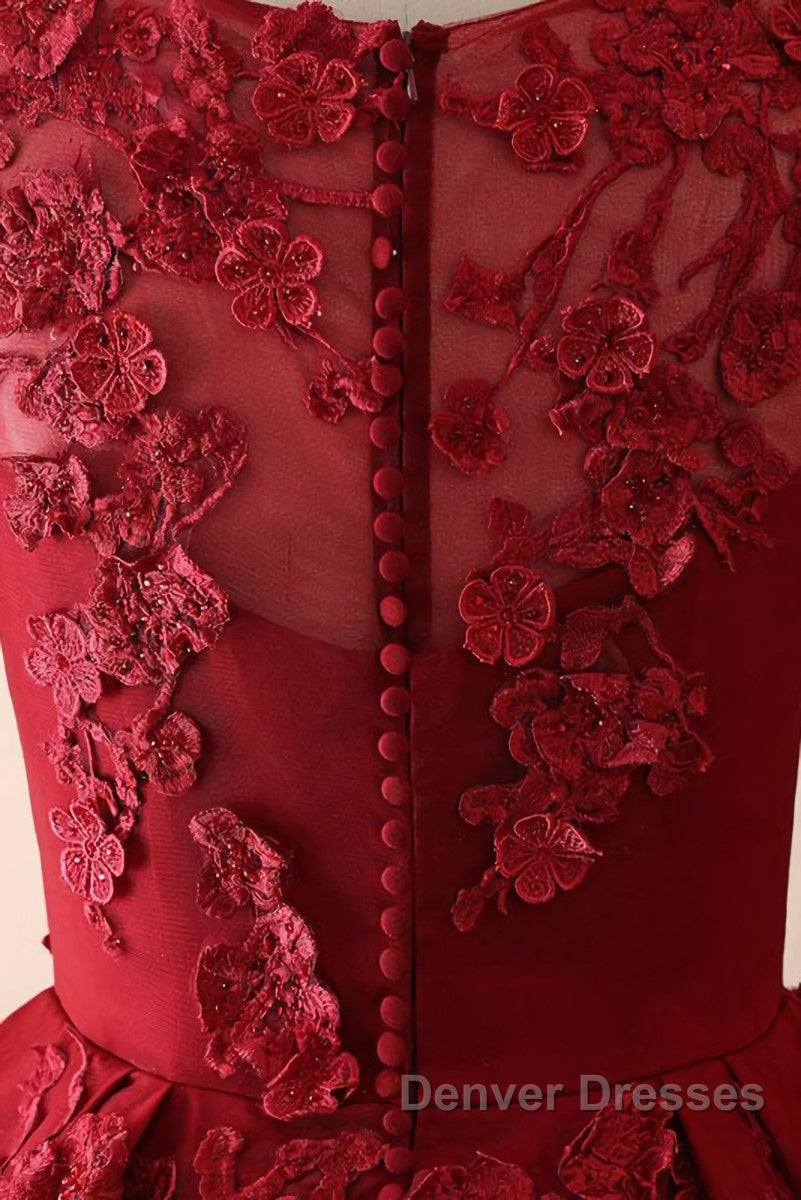 Burgundy round neck lace long prom Dress burgundy evening Dress