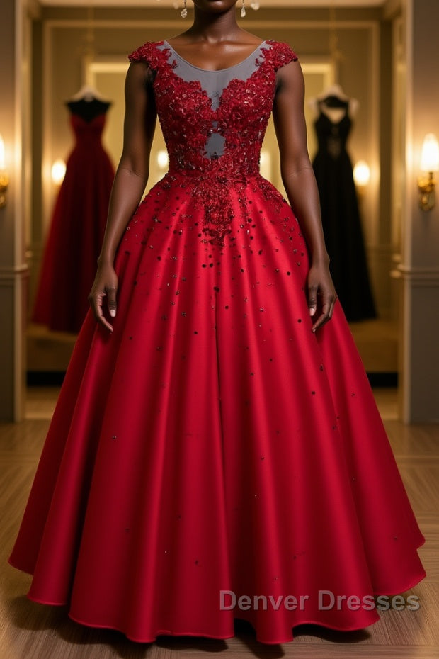 Burgundy round neck lace satin long prom Dress burgundy evening Dress Main image