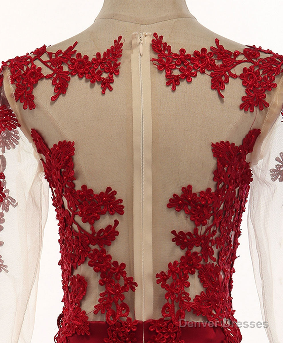 Burgundy Round Neck Lace Satin Mermaid Long Prom Dress Lace Formal Dress