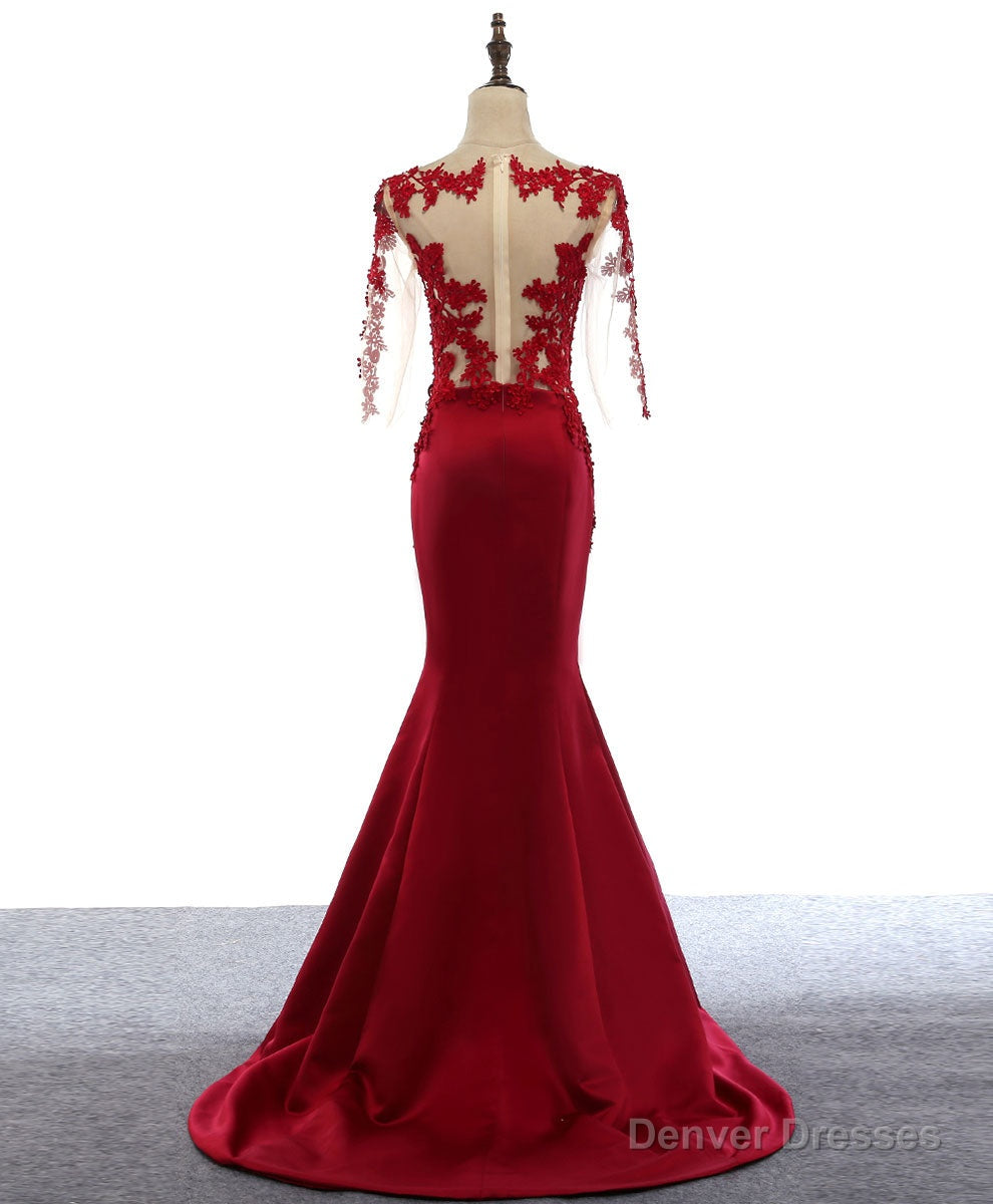 Burgundy Round Neck Lace Satin Mermaid Long Prom Dress Lace Formal Dress Secondary image