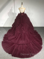 Burgundy Round Neck Tulle Burgundy Long Prom Gown, Burgundy Long Evening Dress