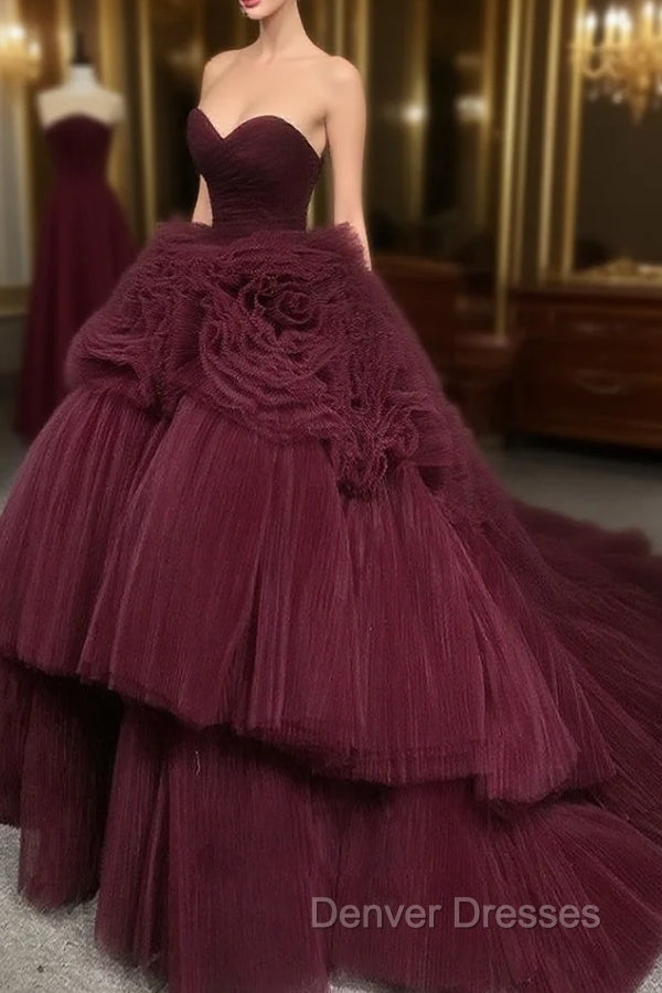 Burgundy Round Neck Tulle Burgundy Long Prom Gown, Burgundy Long Evening Dress