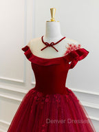 Burgundy Round Neck Tulle Lace Long Prom Dress, Burgundy Evening Dress