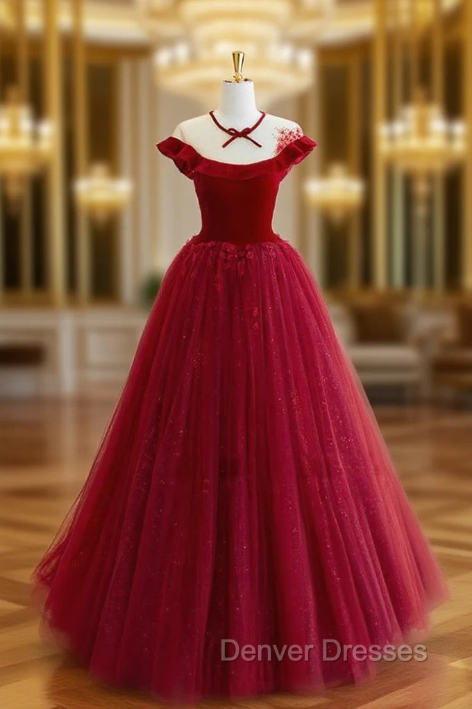 Burgundy Round Neck Tulle Lace Long Prom Dress, Burgundy Evening Dress