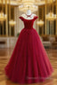 Burgundy Round Neck Tulle Lace Long Prom Dress, Burgundy Evening Dress