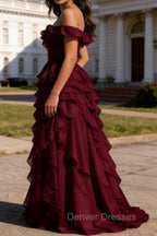 Burgundy Ruffled A-Line Square Neck Long Prom Dress