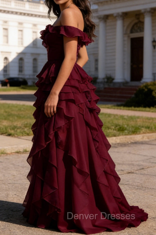 Burgundy Ruffled A-Line Square Neck Long Prom Dress