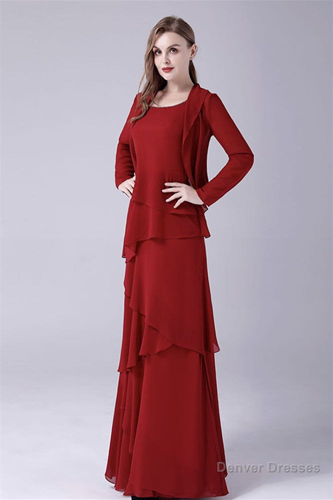 Burgundy Ruffles Chiffon Mother of the Bride Dresses With Jacket