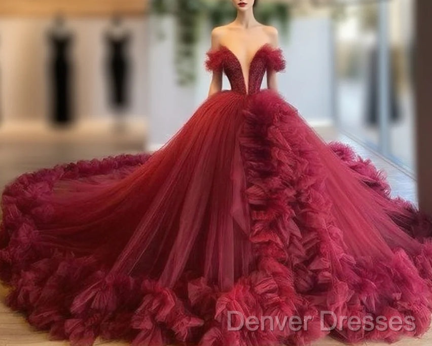 Burgundy Ruffles Wedding Dress Tulle Skirt Ball Gown Sexy Plunge V-Neck Bridal Wedding Prom Gowns