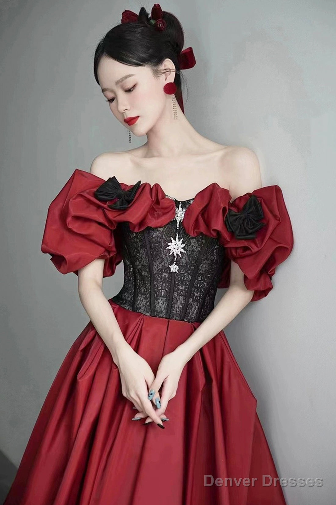 Burgundy Satin And Black Lace Floor Length Prom Dress, Off The Shoulder Evening Party Dress Secondary image