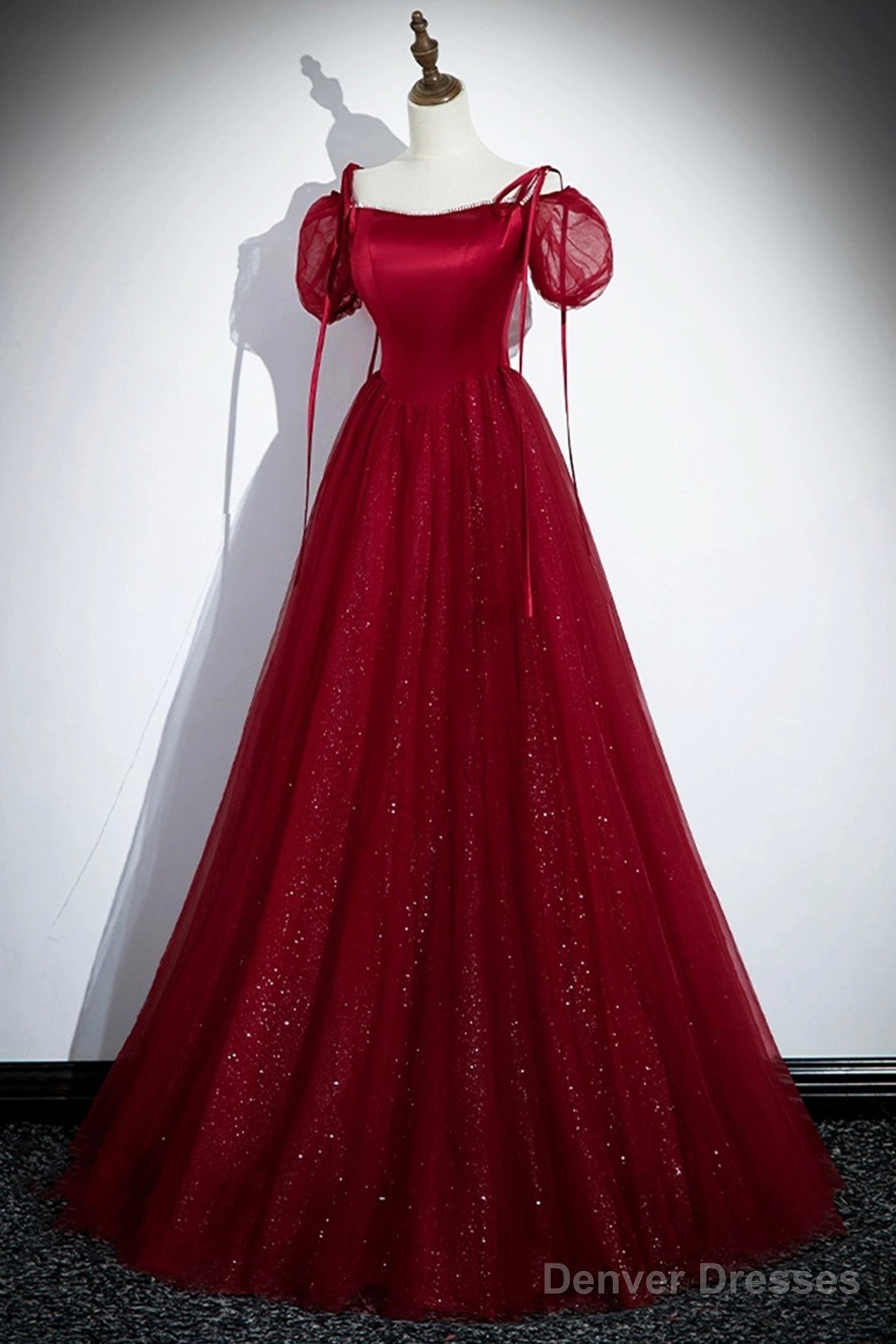 Burgundy Satin And Shiny Tulle Floor Length Prom Dress, A-Line Formal Evening Dress Secondary image