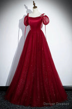 Burgundy Satin And Shiny Tulle Floor Length Prom Dress, A-Line Formal Evening Dress